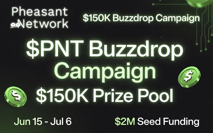 This image appears to be an advertisement or promotional material for a Pheasant Network event called "PNT Buzzdrop Campaign", which aims to promote a $150K prize pool at $2M seed funding. The image features a black background with white text and green circles, accompanied by the tagline: "Early Alpha Opportunity: Pheasant Network @PheasantNetwork is building cross-chain infrastructure with a vision for AI-powered intent-based interoperability."