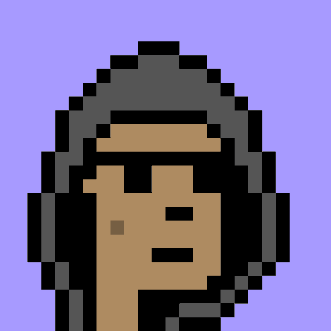 A minimalist pixel-art style illustration of a woman's face with dark hair and a beauty mark, set against a solid purple background.