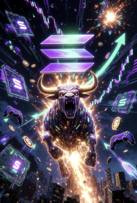 A vibrant digital illustration features a metallic bull charging forward amid flames, surrounded by floating cryptocurrency coins with the Solana logo, glowing purple text, game controllers, and a green upward-trending arrow against a city skyline.