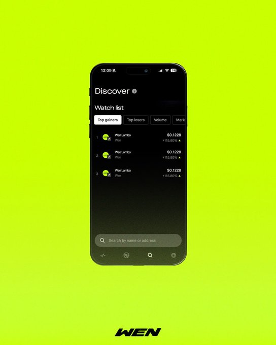 A smartphone displaying the WEN token's "Discover" page with a watchlist of "Wen Lambo" entries priced at $0.1228 (+115.80%), set against a bright neon green background—visually echoing the "Wen Lambo" crypto slang referenced in the post.
