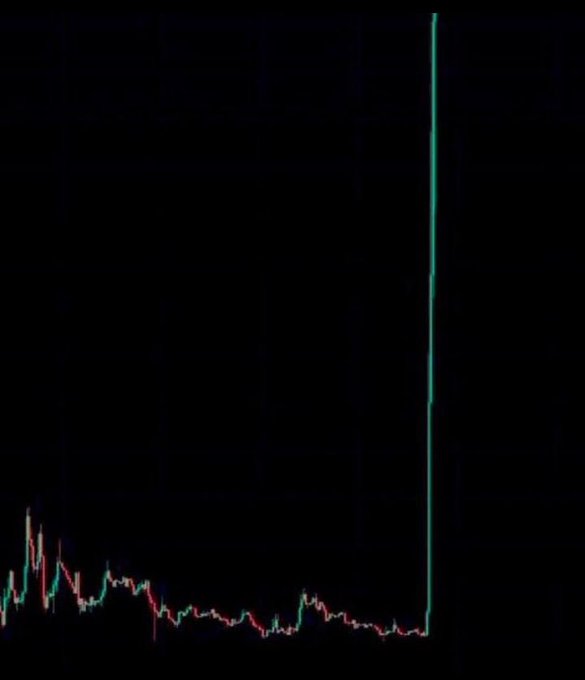 A cryptocurrency price chart showing a sudden, near-vertical spike to an extreme peak on the right side after a period of low, choppy trading activity. The image visually represents the speculative "1000x" gain promised by the accompanying post about the #BSHcoin memecoin.
