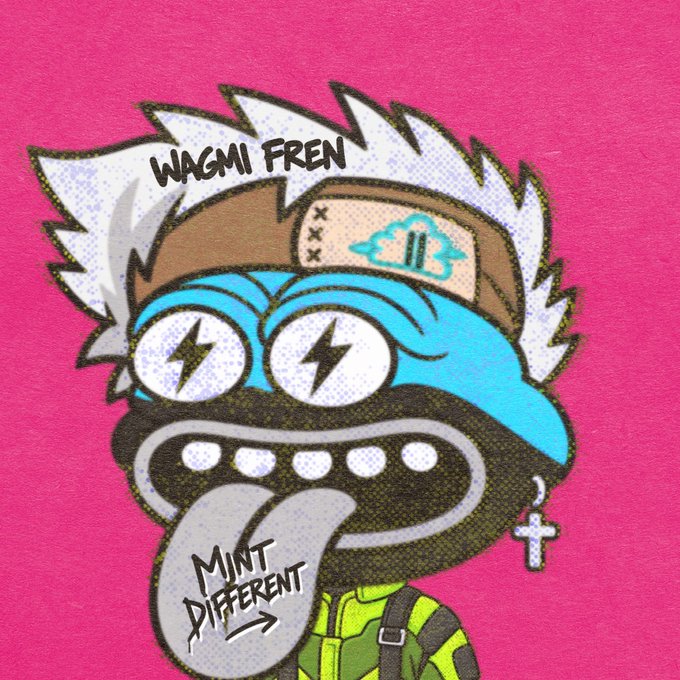 A stylized cartoon character with lightning bolt eyes, a tongue reading "Mint Different," and the text "WAGMI FREN" on its wild white hair appears against a bright pink background, perfectly capturing the excited, last-minute minting energy described in the post about securing an allocation for the JPEG Frens drop.