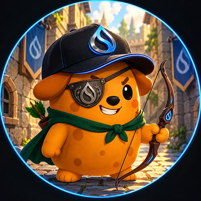 A cartoon illustration depicts an orange dog-like mascot dressed as a medieval archer, wearing a black cap with a blue teardrop logo, an eye patch, and a green cape, holding a bow and arrows.
