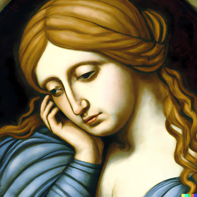 A classical-style painting portrays a sorrowful woman with flowing auburn hair, tearful eyes, and a blue draped garment, rendered with AI-generated texture.