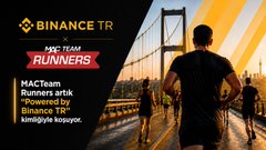 Binance TR's logo and partnership announcement with MAC Team Runners is displayed alongside an image of a runner crossing a bridge at sunset, visually reinforcing the brand collaboration highlighted in the post.