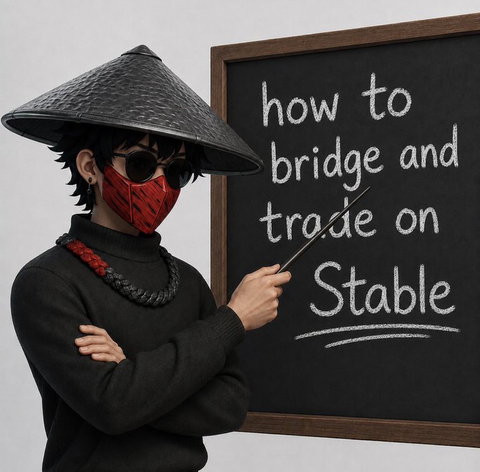 A stylized anime-style figure wearing a conical hat, sunglasses, and a red face mask points at a chalkboard with a stick, displaying the handwritten text "how to bridge and trade on Stable." The image visually reinforces the post's tutorial theme on bridging and trading on the Stable blockchain, with the chalkboard echoing the step-by-step guide provided in the caption.