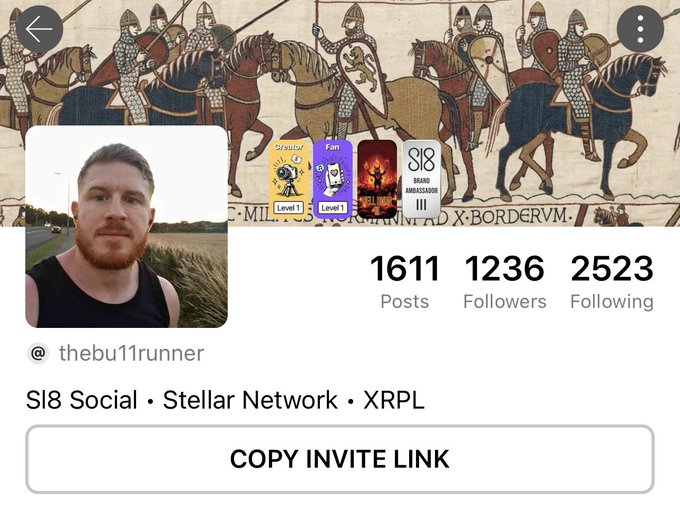 A social media profile page for user '@thebu11runner' featuring a medieval tapestry background, profile photo of a man in a field, stats showing 1611 Posts, 1236 Followers, 2523 Following, and text 'S18 Social • Stellar Network • XRPL' with a 'COPY INVITE LINK' button.