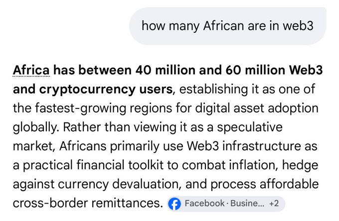 A search result answering 'how many African are in web3' with text stating 'Africa has between 40 million and 60 million Web3 and cryptocurrency users.'