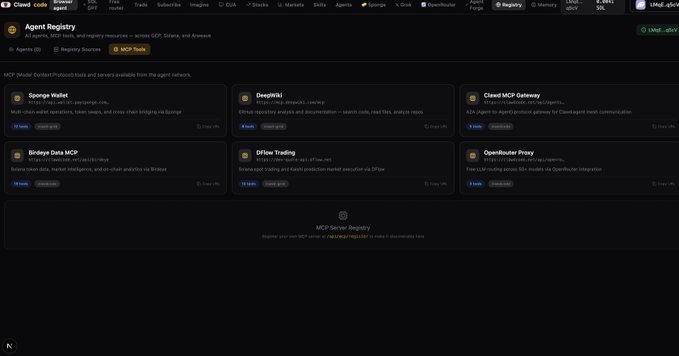 A dark-themed website displaying an 'Agent Registry' page titled 'MCP Server Registry' with various protocol tools and services listed under categories like 'Sponge Wallet', 'DeepWiki', 'Cloud MCP Gateway', 'Bridge Data MCP', 'DFlow Trading', and 'OpenRouter Proxy'.