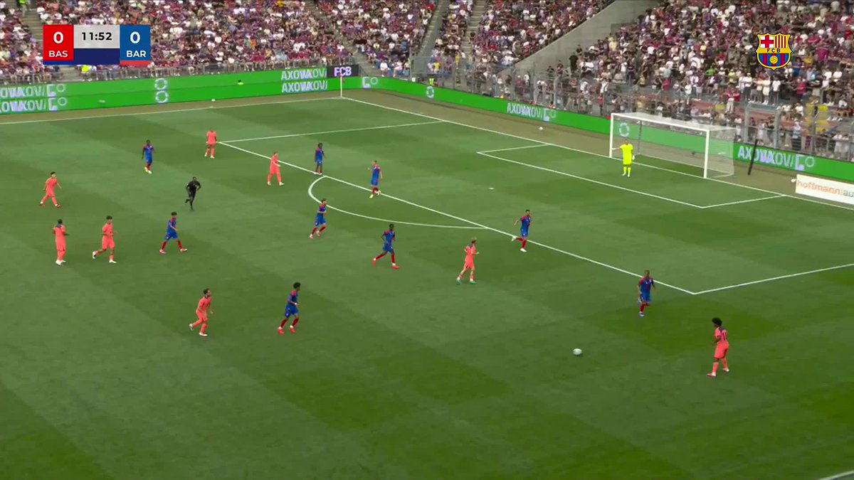 FC Barcelona (BAR) trails 0-0 against Basel (BAS) at the 11:52 mark of their match, with players in pink (Basel) and blue (Barcelona) kits spread across the pitch during a tense moment in this European fixture. The caption's boast about dominance in Europe humorously contrasts with the scoreless deadlock shown, suggesting the confidence may be premature as Barcelona has yet to break through.