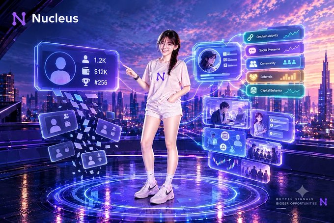 A promotional image for 'Nucleus' featuring a young woman in a 'N' shirt surrounded by futuristic interface panels displaying stats like '1.2K', '$12K', '#256' and metrics like 'Onchain Activity' and 'Social Presence'.
