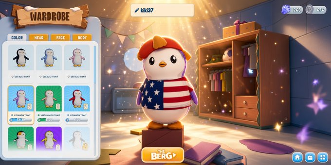 A video game character customization screen called 'WARDROBE' displays a penguin character wearing an American flag outfit and red cap, with various penguin outfit options to choose from.