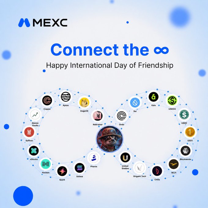 A MEXC promotional image celebrating International Day of Friendship with the headline "Connect the ∞" features a figure-eight/infinity-shaped network of cryptocurrency logos including Cooper, Aptos, DogeOS, Nibraihzer, Ondo, Sui, Kaia, USDOG, USDD, USD1, Blockworks, WLFI, Chiliz, Origami Tech, United Stables, Pharos, Solana, Spark, Hacken, xStocks, Saffron, and Atomic Vaults—visually symbolizing the endless connections and community bonds mentioned in the post about staying on MEXC for the people met there.