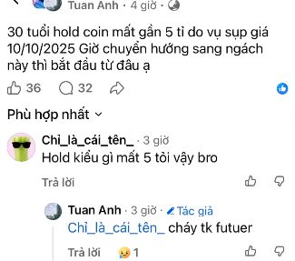 A Vietnamese Facebook comment thread where user 'Tuan Anh' expresses skepticism about holding coins for 5 years when he is 30, suggesting a transition to real estate.