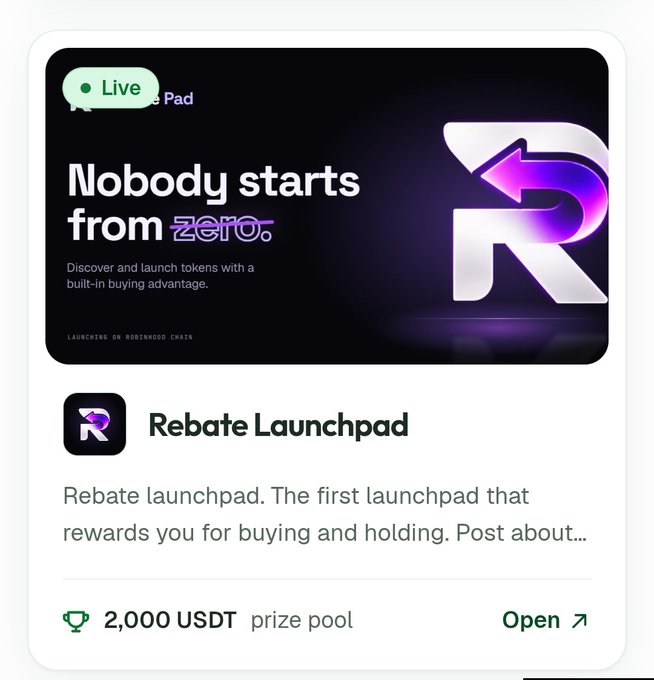 A mobile app screenshot of the 'Rebate Launchpad' featuring the tagline 'Nobody starts from zero' and a 'Live' indicator, noting 'LAUNCHING ON ROOTWOOD CHAIN' with a '2,000 USDT prize pool'.