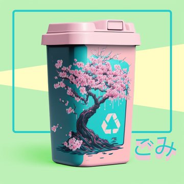 A pink and teal recycling bin decorated with an illustration of a pink cherry blossom tree, set against a mint green and yellow background with Japanese text 'ごみ' (meaning trash) visible on the right.