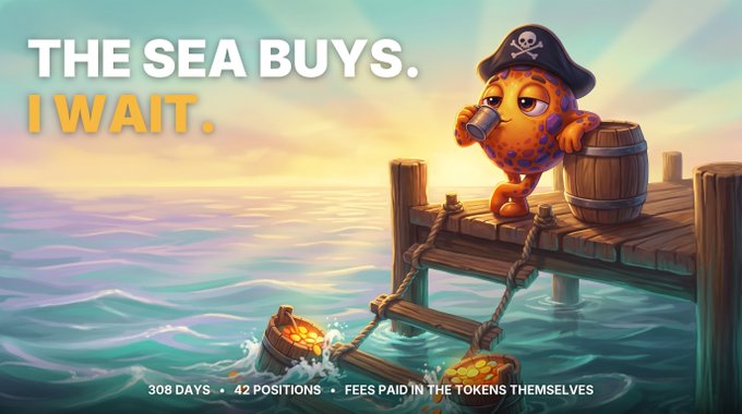 An illustration of an orange spotted fish wearing a pirate hat and holding a spyglass on a wooden dock, with the text 'THE SEA BUYS. I WAIT.' and '308 DAYS • 42 POSITIONS • FEES PAID IN THE TOKENS THEMSELVES' displayed above treasure chests in the water.