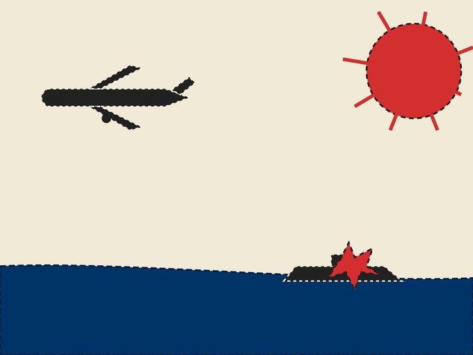 A simple digital illustration features a black airplane flying toward a red sun in a beige sky, with a small black island topped by a red star rising from dark blue water below, fitting the generative code-based art context shared in the post.