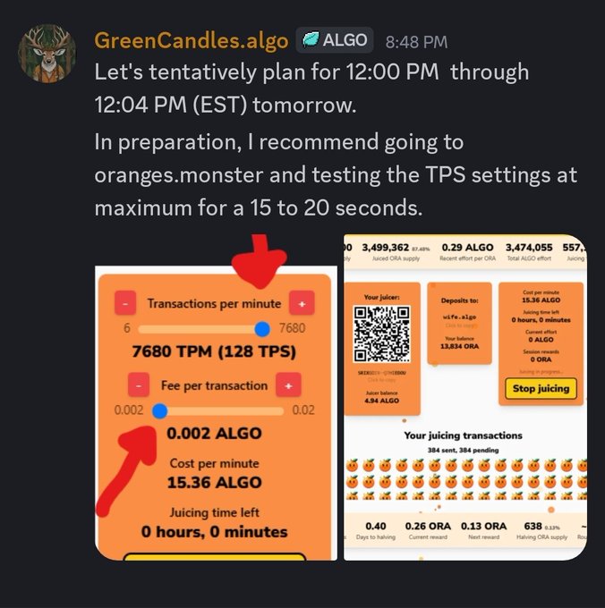 The image shows a Discord message from "GreenCandles.algo" coordinating a 12:00-12:04 PM EST Algorand stress test, with screenshots of oranges.monster's juicer interface displaying 7680 TPM (128 TPS), 0.002 ALGO fee per transaction, and 15.36 ALGO cost per minute. The post invites users to participate in sending up to 128 TPS using the original SC juicer during the 4-minute test.