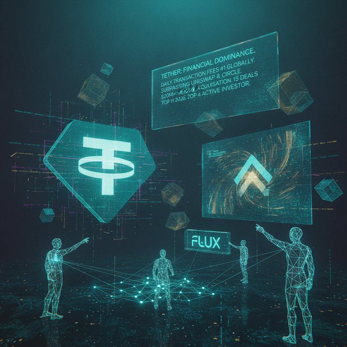 A futuristic digital illustration showing Tether and another crypto symbol with text 'TETHER FINANCIAL DOMINANCE. DAILY TRANSACTION FEES #1 GLOBALLY, SURPASSING UNISWAP & CIRCLE, $20M+/WEEK. 4 ACQUISITION DEALS. TCP H 2026: TOP 4 ACTIVE INVESTOR.' with wireframe human figures below.