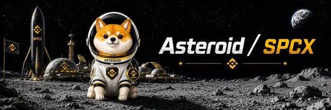 A crypto-themed banner showing a Shiba Inu dog in a spacesuit on a lunar surface with rockets in the background, alongside the text 'Asteroid / SPCX' and an asteroid/SPCX logo.