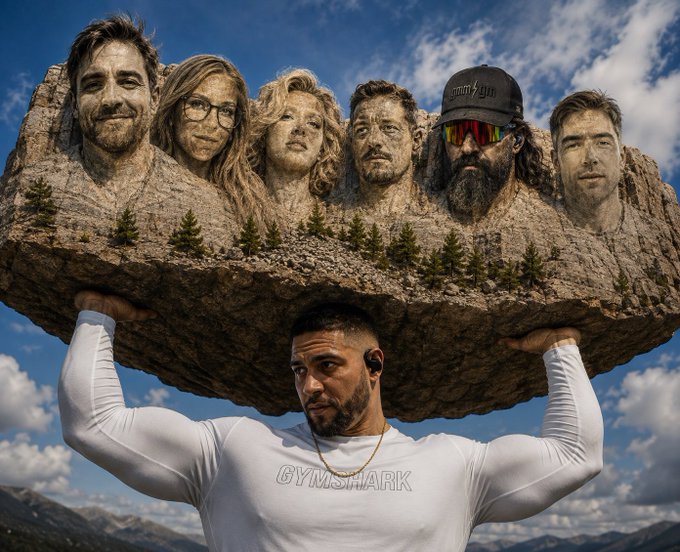A digitally edited composite image shows a man in a white Gymshark shirt lifting a Mount Rushmore-style rock formation carved with the faces of six other people.