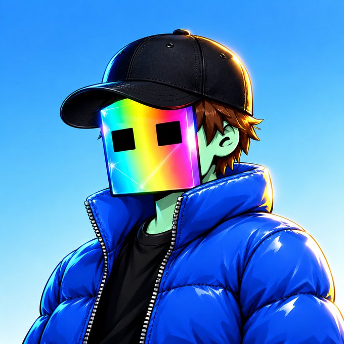 A vibrant digital illustration of an anime-style character with green skin, brown hair, a black cap, a holographic square face mask, and a blue puffer jacket against a blue background.