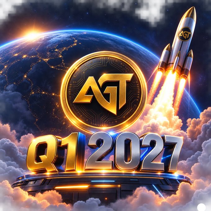 A golden AGT crypto coin floats above clouds with a rocket emblazoned with the AGT logo blasting off in the background, while large metallic letters display "Q1 2027" — visually reinforcing the post's message that the first quarter of 2027 will be a major milestone for AGT's ecosystem journey.