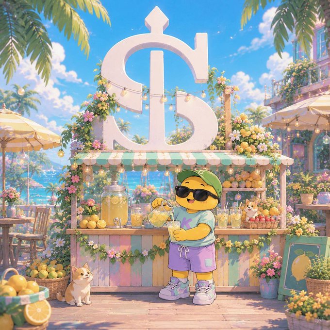 A vibrant illustration of a duck character wearing sunglasses and a green cap pouring lemonade at a colorful beachside stand decorated with flowers and citrus fruits.