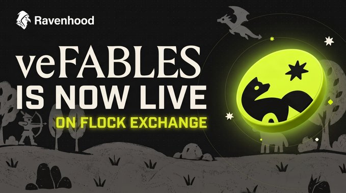 A Ravenhood promotional graphic reads “veFABLES IS NOW LIVE ON FLOCK EXCHANGE,” with a bright green moon, a black squirrel silhouette, stars, and a dark illustrated landscape.