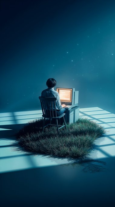 A surreal illustration of a person sitting at a computer desk on a small patch of grass, illuminated by blue light in a dark room with floating particles.