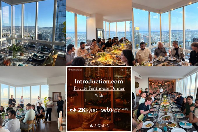 The image features a collage of photos showcasing a group of people gathered around dining tables at a private penthouse, enjoying a four-course dinner together. The table settings include plates, bowls, cups, forks, knives, spoons, and wine glasses. There are also chairs placed around the dining tables for guests to sit on while eating.

The background of the image reveals an impressive view of the city skyline through large windows, providing a stunning backdrop for this upscale dinner event. The collage includes various photos capturing different moments during the gathering, such as people conversing and enjoying their meals together.