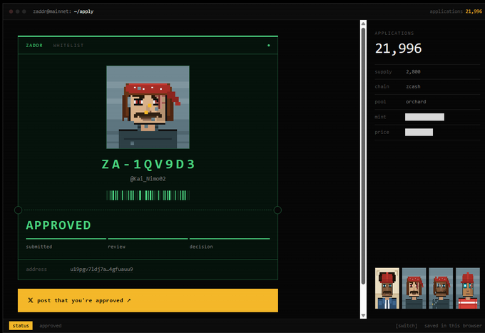 A terminal-style interface titled 'zaddr@mainnet: ~/apply' showing a 'ZADDR WHITELIST' application marked 'APPROVED' for the ZA-1QV9D3 address (@si_Nine02), with 'APPLICATIONS 21,996' and supply details listed on the right side.