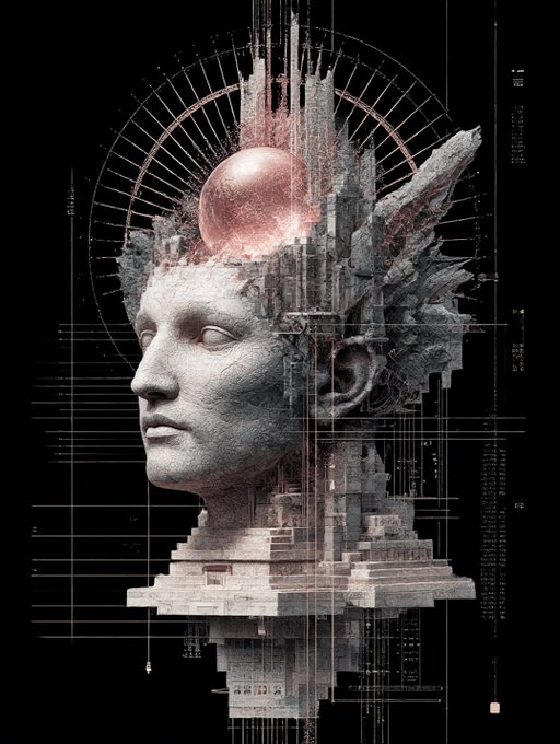 A digital artwork showing a classical marble bust in profile with intricate architectural structures, a pink moon, and geometric patterns emerging from its head against a black background.