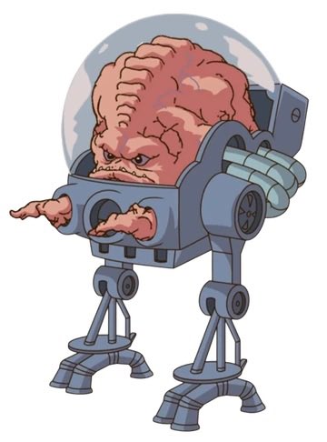 A cartoon illustration of an angry brain inside a mechanical suit or mech robot, pointing outward.