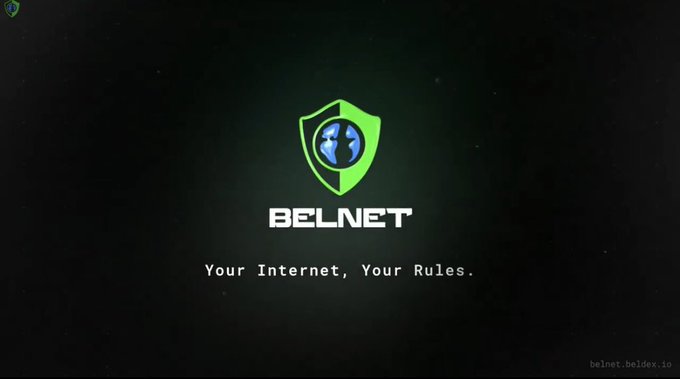 A dark branded splash screen displaying the 'BELNET' logo with a green shield and globe icon, along with the tagline 'Your Internet, Your Rules.' and website belnet.beldex.io.