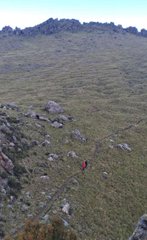 An aerial view of people hiking along a rocky, grassy ridge with snow-capped mountains in the background.
