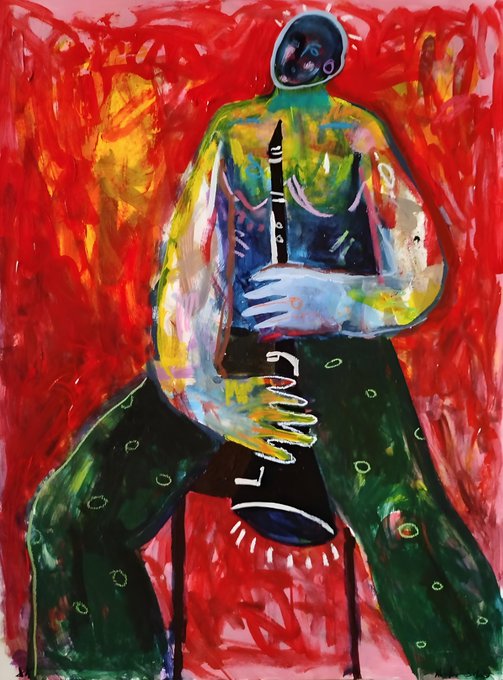 An abstract, expressionist painting of a figure in green pants and a multi-colored top set against a vibrant red background.