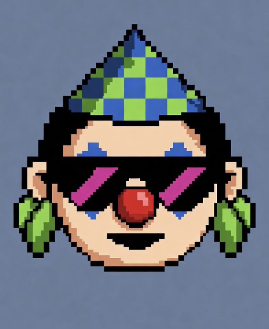 A pixel art illustration of a clown or performer character wearing a blue and green checkered hat, large pink sunglasses, a red clown nose, and green earrings.