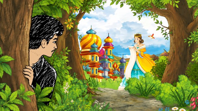 An illustrated scene showing a black-and-white sketched figure of a boy hiding behind a tree, peering at a colorful princess in a yellow and blue dress standing before an ornate castle with colorful onion domes.
