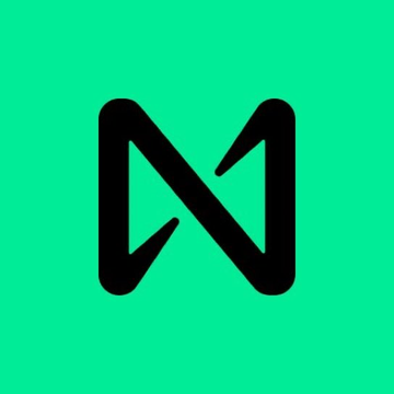 Minimalist logo featuring a stylized black 'N' or infinity-like symbol on a bright teal background.