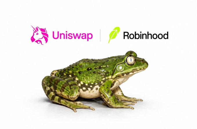 A green frog sitting below the pink 'Uniswap' unicorn logo and the green 'Robinhood' feather logo on a white background.