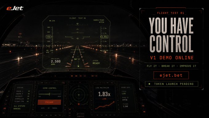 The image is a promotional banner for eJet's "Flight Test 01" V1 Demo, displaying a flight simulator cockpit HUD showing a runway with a "LIVEC" multiplier of 1.83x and a speed reading of 142, alongside the headline "YOU HAVE CONTROL" and tagline "FLY IT • BREAK IT • IMPROVE IT." This visually supports the post's announcement of eJet's crash-flight platform, showing the actual playable V1 demo that users can test on Solana before the token launch pending status displayed at the bottom.