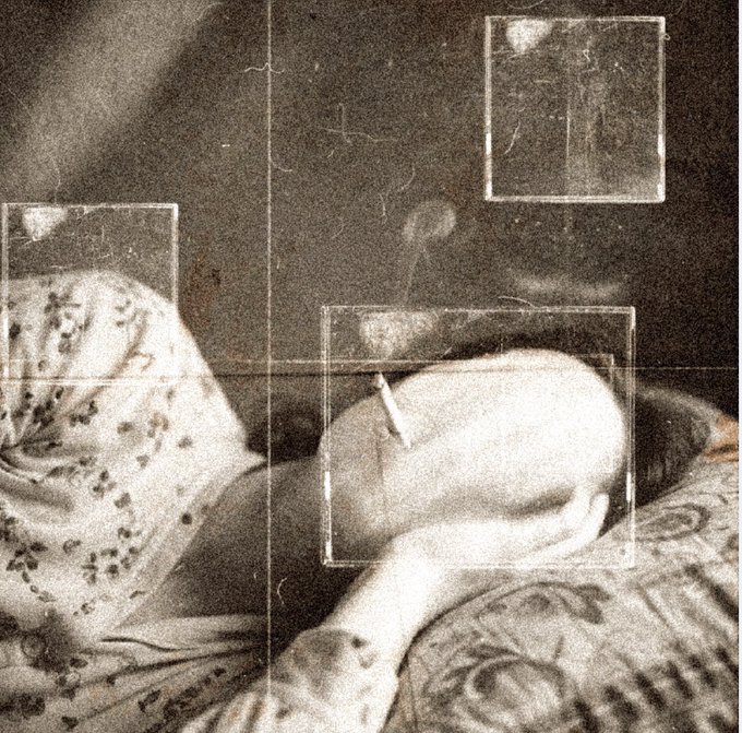 A sepia-toned vintage-style photograph shows a reclining figure with a cigarette, overlaid with transparent boxes highlighting compositional elements. The image relates to the post as a print or photograph edition from M04ASA's "Quiet Escape" artwork, now part of 0xMQQ's private collection.