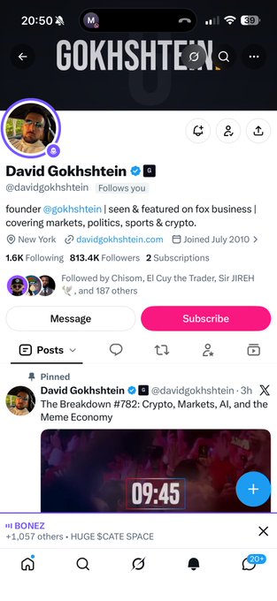 A Twitter/X profile page for David Gokhshtein (@davidgokhshtein), founder of @gokshtein, with 1.6K Following and 813.4K Followers, showing a pinned post about "The Breakdown #782" with a "09:45" video thumbnail.