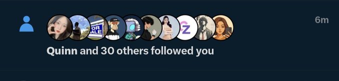 A social media notification banner reading 'Quinn and 30 others followed you' displaying a row of circular profile pictures and a '6m' timestamp.