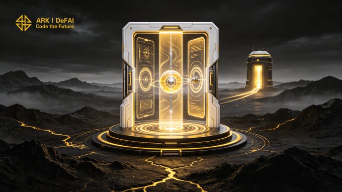 A futuristic digital illustration for 'ARK | DeFAI' featuring a glowing golden portal or gateway structure with 'Code the Future' text, set against a dark mountainous landscape with a secondary tower in the distance.