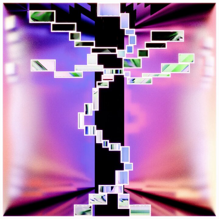 The image features a digital art piece that consists of a tree made up of small squares, with each square containing a different color or pattern. The tree appears to be growing upwards from the bottom left corner towards the top right corner, creating an illusion of depth and dimension. The colors used in the squares vary, adding visual interest and complexity to the overall design. The image is posted on social media, possibly as part of a contest or event, with the caption "DA Special 파라이지를 결합니다."