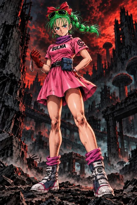 An anime-style illustration depicts Bulma from Dragon Ball in a pink dress with matching boots, standing against a ruined cityscape with a red stormy sky.