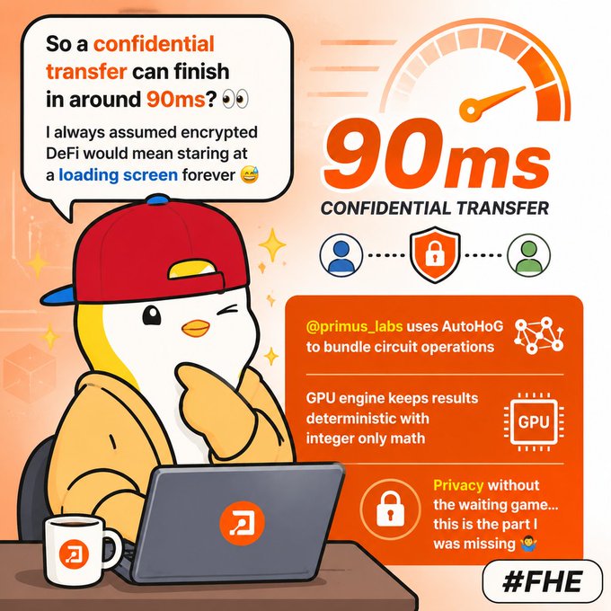 A promotional infographic featuring a penguin character in a cap, highlighting that confidential transfers using @primus_labs can finish in '90ms' via AutoHoG technology.